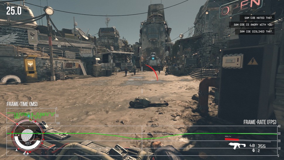 Performance drops are minimal. Only by engaging in large firefights in cities could we cause this kind of momentary frame-rate drop