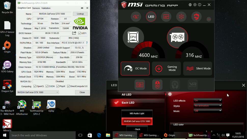GPU-Z is open here, showing the characteristics of this custom GTX 1080. On the right we have the MSI Gaming App, where you can select RGB colour schemes for your MSI components and switch between the various overclocking profiles.