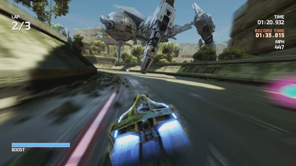 Motion blur is rendered at half resolution which can give the impression of an even lower resolution during gameplay. Also note the spider mech - it's a remodelled take on a boss from the Nanostray series on Nintendo DS