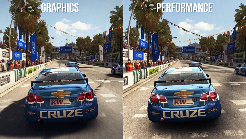 Here's how the graphics mode and performance mode look, head-to-head. The latter mode foregoes visual niceties for an unlocked frame-rate, topping out at 60fps