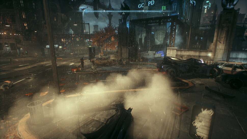 Though missing the PC's heavier volumetric smoke effect, PS4 turns in an effective, simpler version of the effect behind the Batmobile