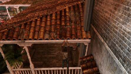 We can accept and happily embrace Uncharted's linearity when the gameplay is this good, but inconsistency in navigation proves frustrating. On the left, Drake drops down from the roof to the railing, and carries on the adventure. However, if you choose to drop down elsewhere (right), you plunge to your doom.