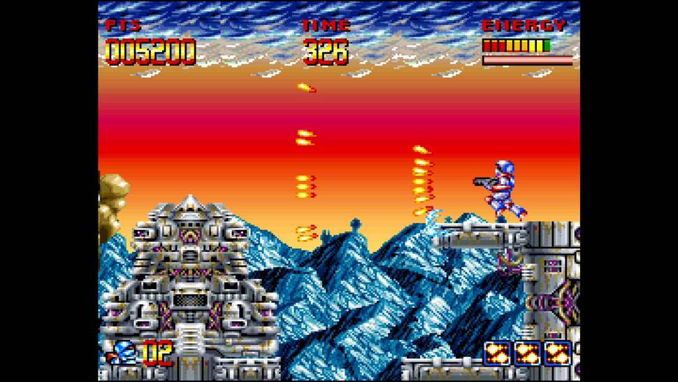 The complete director's cut edition of Super Turrican is included with the Super Nt. The original six megabit release was reduced to fit on a four megabit ROM, lowering production cost in the process, but losing content