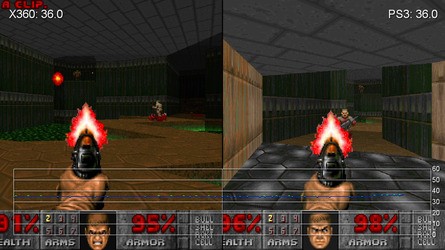 Doom 1 and Doom 2 both seem to top out at 35FPS on both Xbox 360 and PS3, but the latter version has the benefit of being developed by id itself: joypad rumble is supported and despite the strange frame-rate target matching that of the 360, both titles seem to be more responsive, with less judder on the Sony platform.