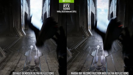 Enabling Nvidia's ray reconstruction solves some of the most egregious boiling artefacts in gameplay (left), but comes at a steep cost (right) - 25 percent on an RTX 5090 at 4K with DLAA. Click to enlarge. 