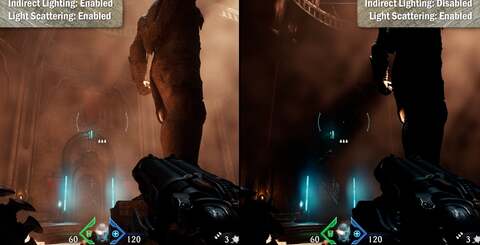 Doom: The Dark Ages uses an irradiance cache in probe volumes (top left) with the balance of the images showing how the RT effects look when enabled and disabled. As with all the shots on this page, click on the images for higher resolution versions.