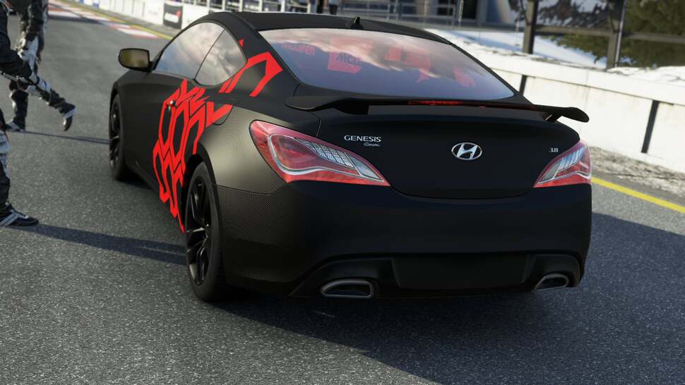 Turn 10's new material system is impressive, and eagerly demonstrated on cars like the Hyundai Coupe 3.8 Track. This allows for degrees of matte texturing and the build-up of mud splatter across its front