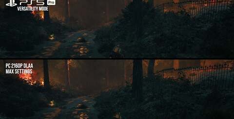 There are omissions and bugs with the PC version up against PS5. On the top there, noticeable areas of grass or foliage don't render at all. On bottom, it's clear that in some areas, there are problems with water rendering on PC.