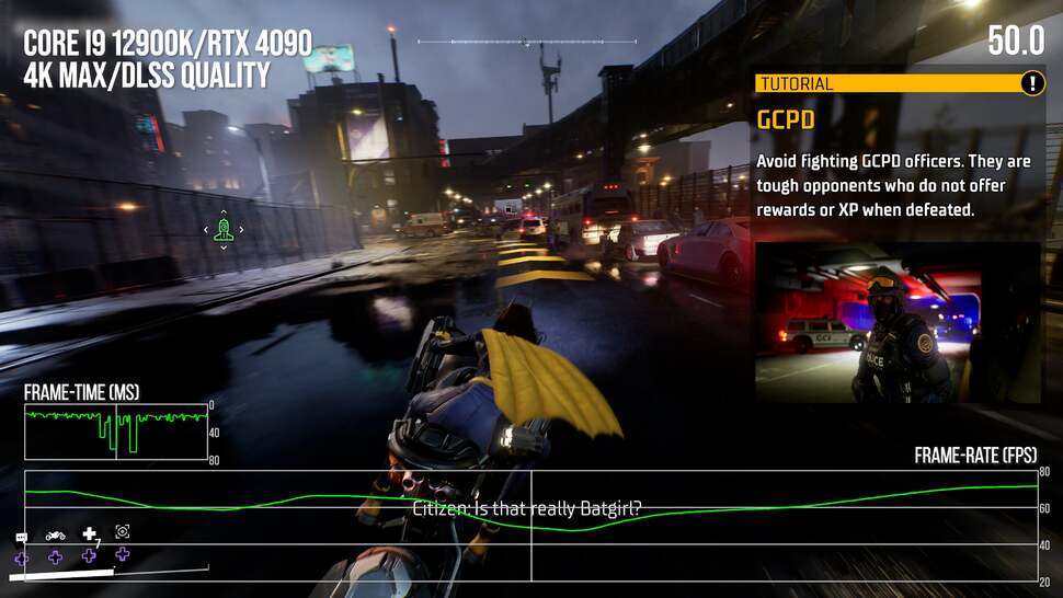 Shader compilation stutter means that even the RTX 4090 with DLSS active will drop beneath 60 frames per second, as seen here running maxed - even with v-sync disabled. General instability outside of the stutters shows that the Core i9 12900K maxes at around 60-90fps in traversal. This CPU is far, far faster than the console Zen 2 cores