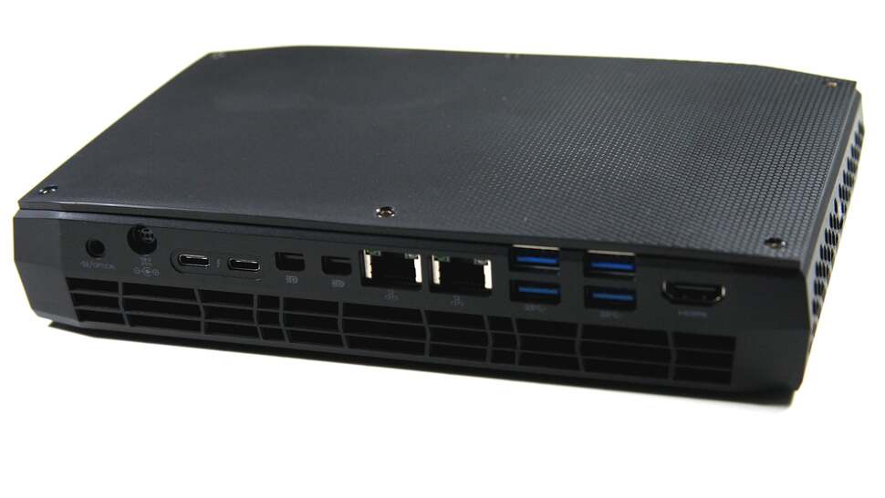 The rear has Toslink, the power input, more USB-Cs, twin Mini DisplayPorts, dual LANs, four USB 3.0 ports and another HDMI 2.0 output