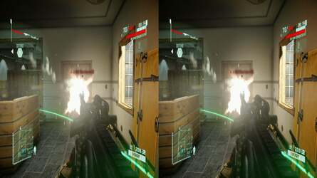Here's how Crytek handles 3D on Xbox 360 - a machine that doesn't support HDMI 1.4 3D modes. The screen is split into two - the so-called side-by-side mode - and the screen then scales this into a full image per eye. In the left shot you can see an example of the reprojection blind spot - in theory the views should be very, very different.