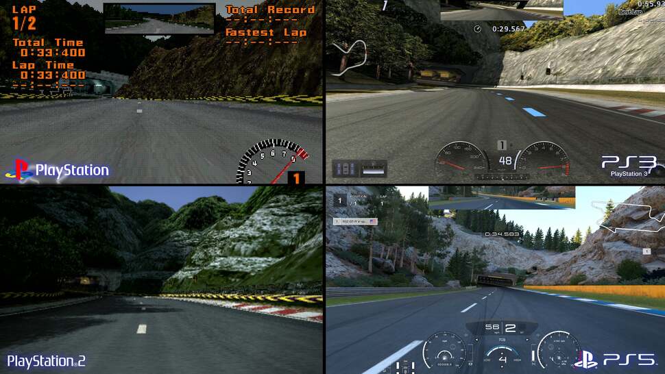 Trial Mountain across the generations: PS1, PS2, PS3 and PS5. GT Sport did not feature the circuit, meaning that the track only debuts in the PS4 port of GT7