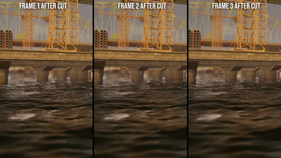 Looking at reflections in the water in the frames immediately following a camera cut reveals the tell-tale signs of ray-traced reflections