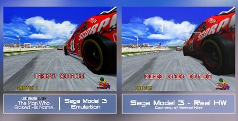 There are some shading omissions, clipping problems and differences in texture filtering, but Daytona USA 2's Model 3 emulation remains highly robust overall. Click on the images for higher resolution.