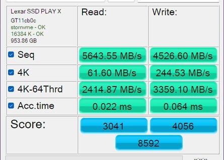 Synthetic benchmark results - CrystalDiskMark (left), Atto Benchmark (centre), AS SSD (right). Click to enlarge. 