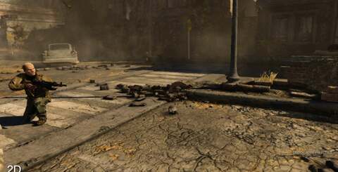 Our traditional 2D vs. 3D screenshot comparison. Resolution and certain effects such as motion blur and shadow view distance are pared back but the overall look is very similar.