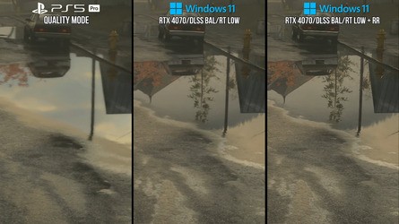 Note the differences between PC's low RT and PS5 Pro, including aggressive noise in the lodge on the left, and a less mirror-like reflection that doesn't extend to the full size of the puddle on the right.