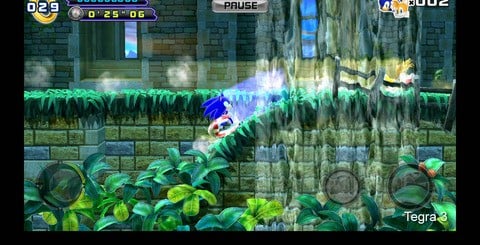 The Tegra 3-enhanced version of Sonic 4 features a wealth of graphical improvements over the normal Android and iOS versions. Polygon counts have been upped on the environments, which feature more detailed scenery, while surface shaders and normal maps enhance the look of water, and additional lighting adds a level of richness and depth to the scene only found in the XBLA and PSN versions of the game.
