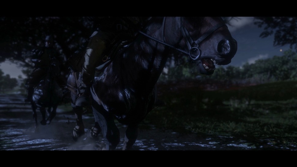 Impressive details abound - saliva pours from the horse's mouth as he runs across the open field. Also note the impressive detail visible around his harness - the buckles and belts are all rendered in high fidelity