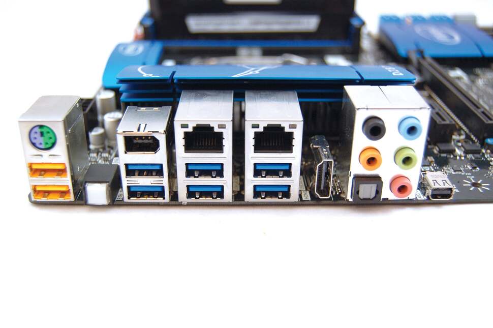 The rear of the board shows the usual gigabit ethernet, audio, USB 2.0 and USB 3.0 and HDMI connections. That small, innocuous connection on the far right? That's a Thunderbolt port. No longer Apple-exclusive, it's built into the Haswell chipset