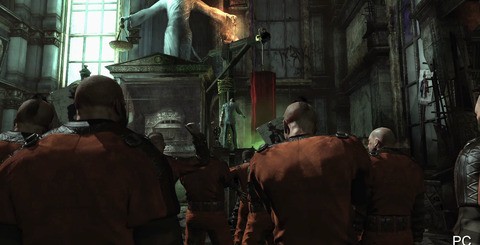 This scene appears to be rendered in real-time on PC but compression artifacting suggests that FMV is being used on 360 and PS3. Wii U is demonstrating clearly improved texture detail here and aliasing on the windows is significantly reduced.