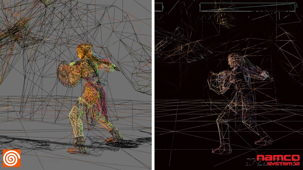 This wireframe shot gives you some idea of the revamp the 3D visuals went through at the nuts and bolts level - the polygon count rises to around 4000 per character, a huge upgrade from the arcade version. Click on the image to look closer.