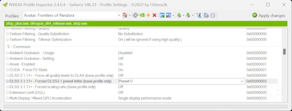 Here's what your Avatar: Frontiers of Pandora profile should look like in nvidiaProfileInspector with the XML file installed to expose the DLSS preset settings.
