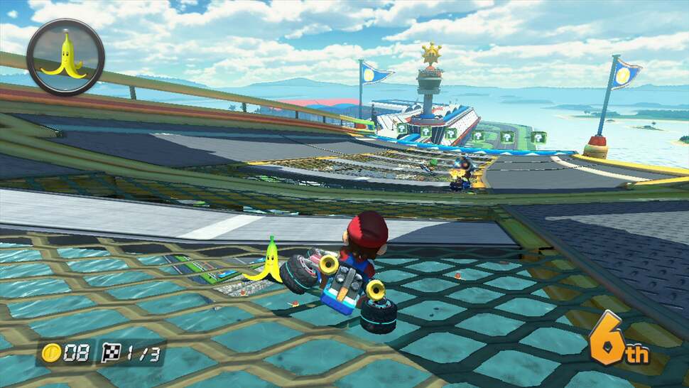 This detailed scene is marred a touch by the lack of AA while the metal textures exhibit noticeable blurring due to poor texture filtering. At least we can see a large shadow cast over Mario by an airplane that was passes overhead