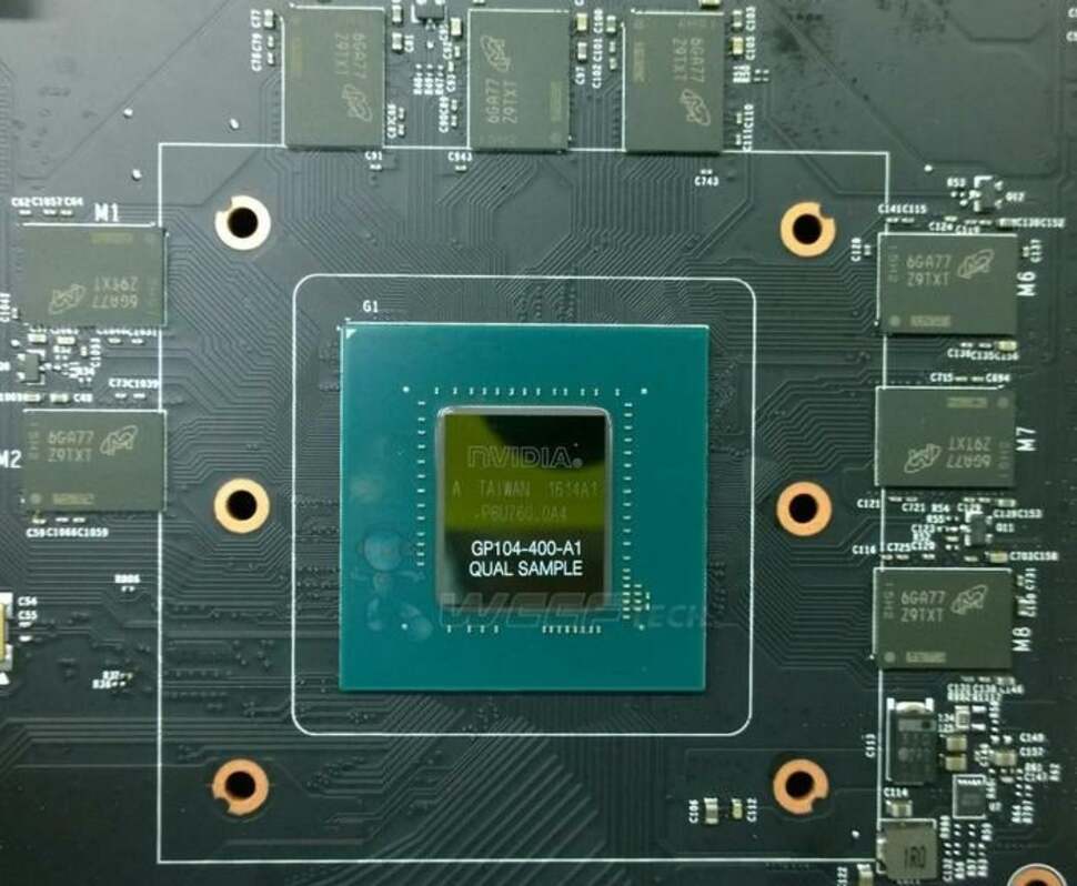 The leaks have been coming thick and fast - this shot purports to show the GP104 chip we'll be seeing soon in consumer-level graphics cards. Those memory chips surrounding the processor may well be our first look at Micron's new GDDR5X modules.