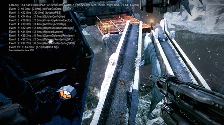 Reducing controller lag was a key priority for Guerrilla in Killzone 3. High speed cameras were used to physically verify improvements to the game code, while internal code was added to track events from the initial button press to its exit from the RSX - you can see this system in action in these exclusive shots.