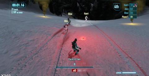 These two games are very, very close. Aside from some differences in the terrain levels, affecting the level of snow throughout the levels (top) and resolution of trails left by other players, there's very little to tell the games apart.