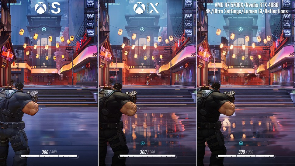 There's a clear graduation in terms of reflection quality amongst Series S, Series X/PS5 and PC, with PC being the only platform to offer both Lumen GI and Lumen reflections at present.