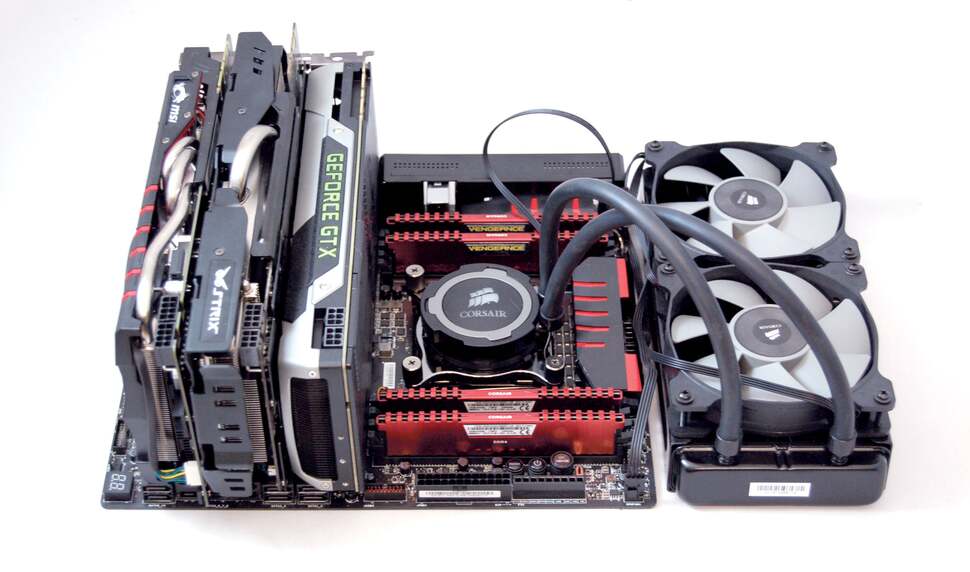 We assembled the most powerful gaming PC we could for the task at hand: an eight-core i7 5960X (watercooled with a Corsair H105 all-in-one solution), paired with 16GB of 2666MHz DDR4, and three GTX 980s. All of this was built upon an MSI X99S Gaming 9 AC motherboard.