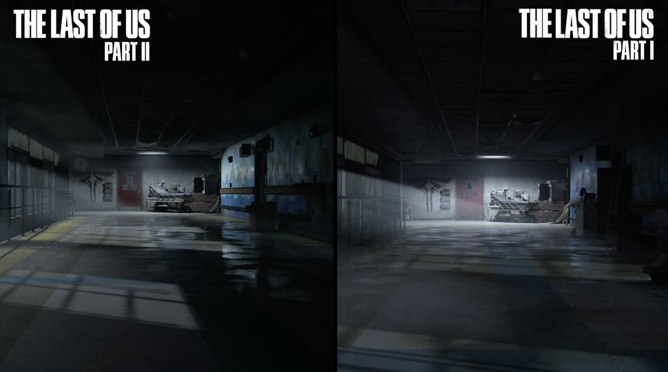 On the left, a flashback image of The Last of Us within TLOU2. On the right, that original scene as it presents in the new game. It's the biggest indication we have that The Last of Us Part 1 has far more in common with TLOU2's engine than the original game's