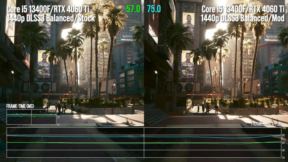 Cyberpunk 2077 RT Overdrive remains DLSS 3's finest hour. In this comparison, we're using frame-gen with path tracing with the RT optimisation mod off on the left and on to the right. Great performance at 1440p in DLSS balanced mode