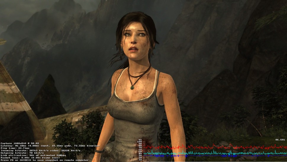 Tomb Raider at ultimate settings - running on a MacBook Air via Steam in-home streaming. Click on the image above for the full-resolution image. You'll note here that the client has auto-scaled the image to 1440x810. That's the best 16:9 fit for the laptop's 1440x900 display. There are plenty of metrics to geek out over here, but the key ones are ping and overall latency. We're running the server to our router via powerline adaptors, resulting in a 33ms ping. Connect directly to the router and that reduces down to 3ms, resulting in a 60ms overall latency. Astonishing.