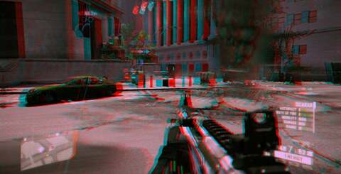 Grab your paper glasses! On the left we have a single eye view, on the right an anaglyph representation of the 3D effect. Anaglyph is still used, even by professionals, in viewing 3D content on a 2D screen and does a pretty good job here of demonstrating Crysis 2's implementation.
