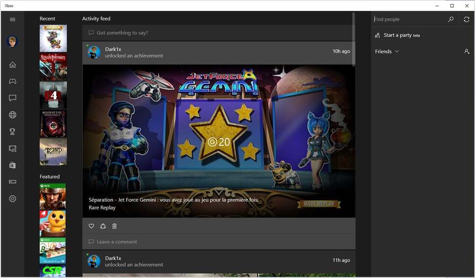 When you first start up the Xbox app, you're greeted with the activity feed which shows recent  achievements, games you've played, and a sidebar for your friends