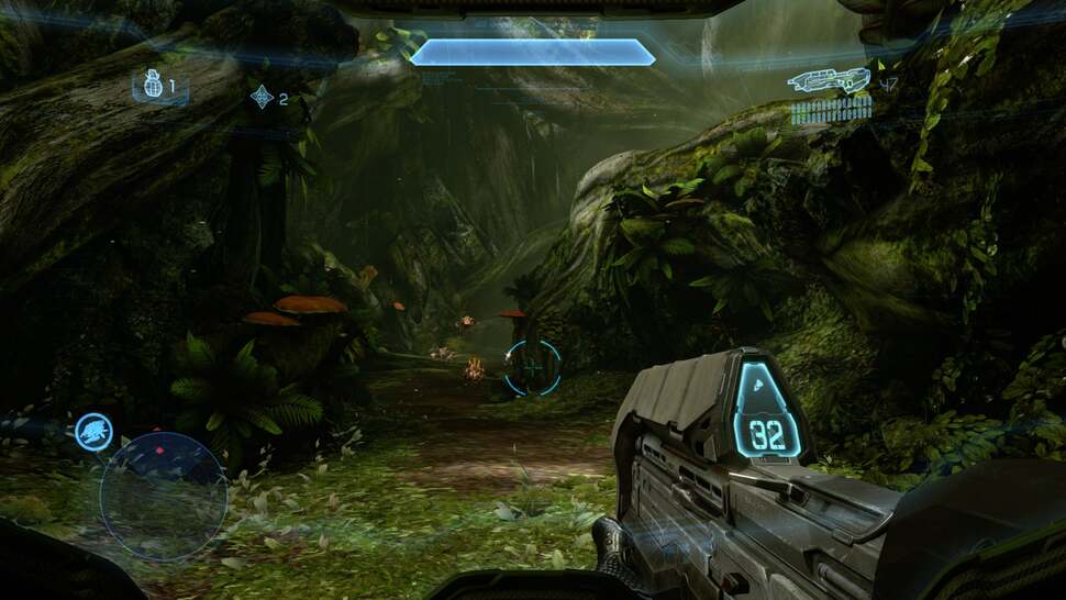 Vegetation is lush and thick in this jungle section with a level of detail not too far off the Halo 2 remaster.