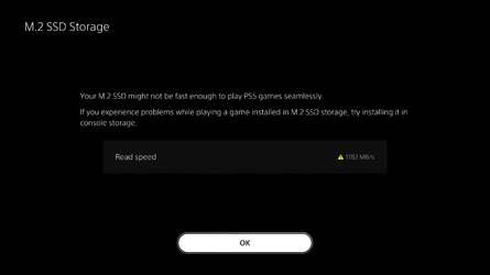 Not only the worst PCIe Gen 4 drive we're aware of, but we've also taped off most of the pins to restrict its bandwidth. On the right there, the PS5 attempts to warn us of our folly. Click on the thumbnails for higher resolution images.