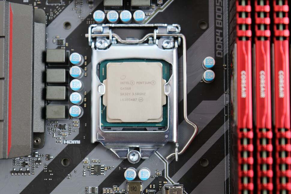 The Pentium sits in the socket 1151 receptacle. The B250 chipset has no overclocking facilities and although XMP is supported on this board, memory bandwidth maxes out at 2400MHz