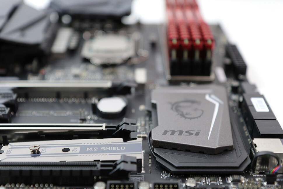 The Z270 chipset itself is cooled by this hefty heatsink, which also features obligatory RGB lighting