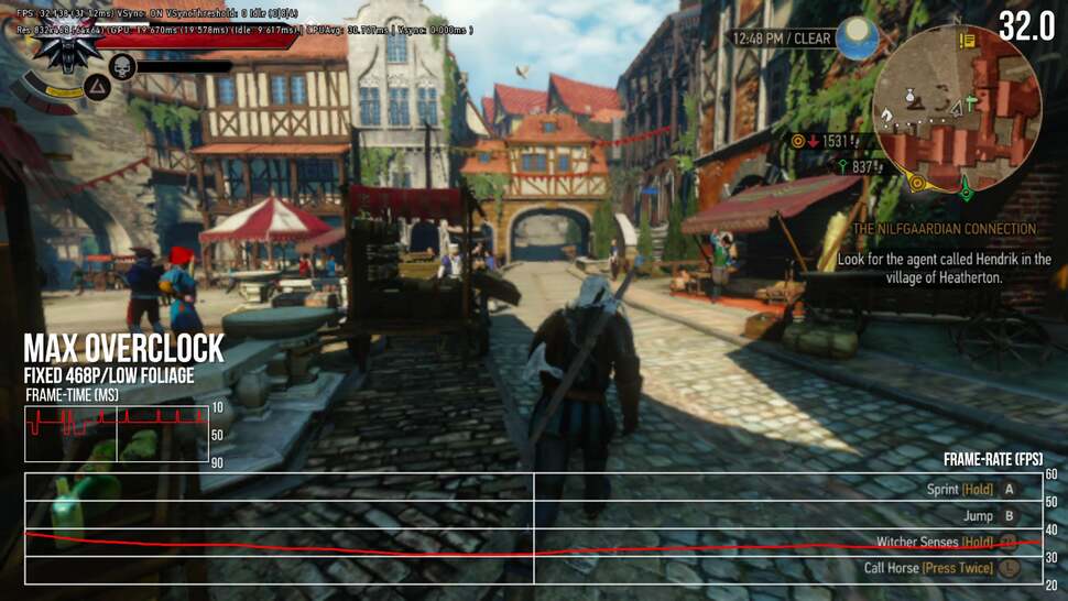 The Witcher 3 hits 60fps on Switch, thanks to a full overclock and dropping to a fixed 468P. It's best shown in the White Orchard, though big city areas struggle to rise much higher than 30fps