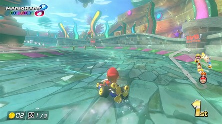Water rendering has taken a generational leap forward with Mario Kart World versus Mario Kart 8, with more advanced reflections and geometric undulation in stormy seas.