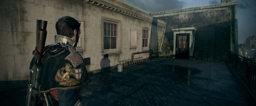 The physically-based rendering model allows for highly convincing materials: the stone-work presents correctly, as do the mossy roof tiles before the player. The reflection in this shot also proves rather convincing