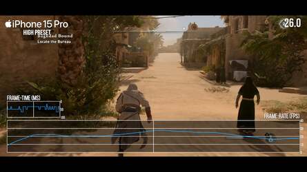 Assassin's Creed Mirage on its high settings effortlessly hits a consistent 30fps on Apple M4 silicon within the iPad Pro, while the iPhone 15 Pro struggles.