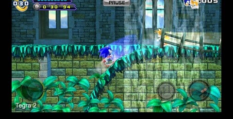 The Tegra 3-enhanced version of Sonic 4 features a wealth of graphical improvements over the normal Android and iOS versions. Polygon counts have been upped on the environments, which feature more detailed scenery, while surface shaders and normal maps enhance the look of water, and additional lighting adds a level of richness and depth to the scene only found in the XBLA and PSN versions of the game.