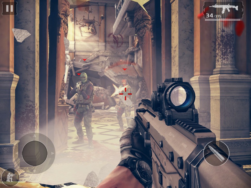 Modern Combat 5 targets 60fps but suffers from lots of frame-drops on both iPad 4 and the first-gen Air. The new iPad copes better with it, but there's still observable stutter