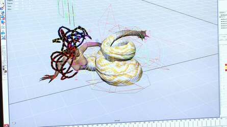 The tech art team bridges the gap between artists and coders. The 'zipper tech' tool on the left shows how they create animated wounds with belching guts, while the shot on the right shows a bespoke animation rig for the gorgon's tail.