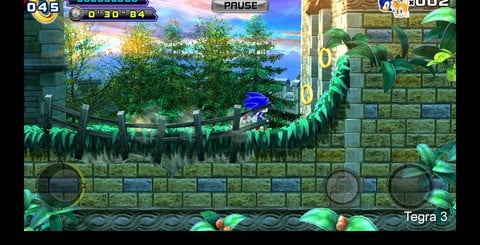 The Tegra 3-enhanced version of Sonic 4 features a wealth of graphical improvements over the normal Android and iOS versions. Polygon counts have been upped on the environments, which feature more detailed scenery, while surface shaders and normal maps enhance the look of water, and additional lighting adds a level of richness and depth to the scene only found in the XBLA and PSN versions of the game.